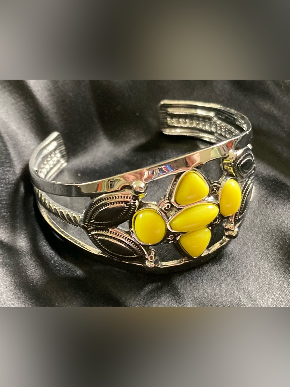 Silver-Tone Floral Cuff Bracelet w/ Yellow Stone-Women Jewelry